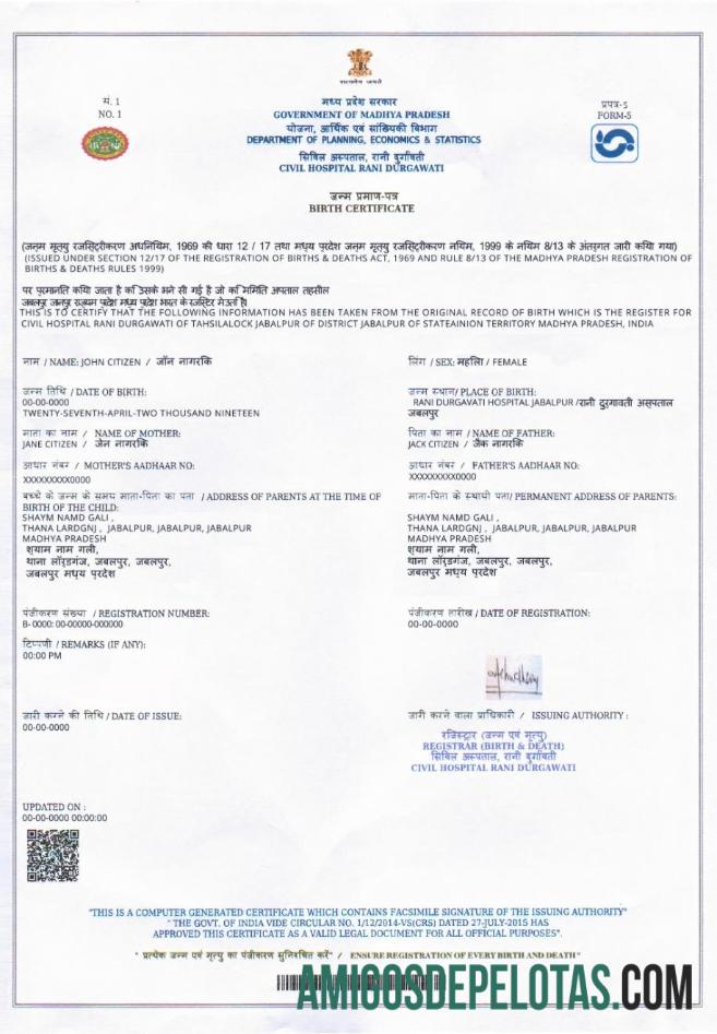 Certidão de nascimento de registro vital da Índia (Madhya Pradesh) exemplo
